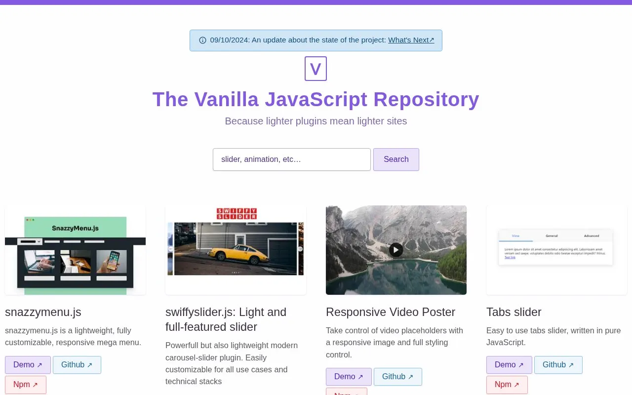 Vanilla List homepage screenshot