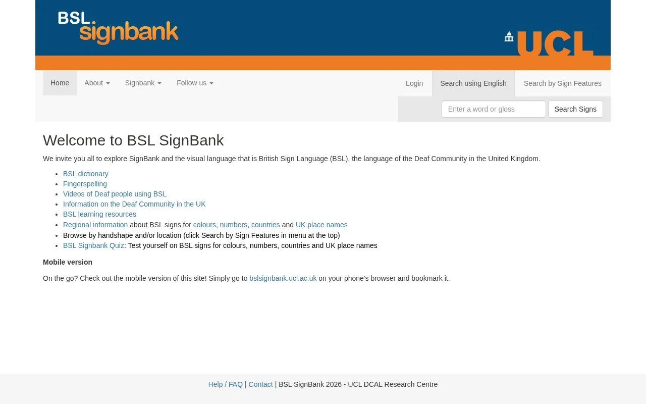 BSL Signbank homepage screenshot