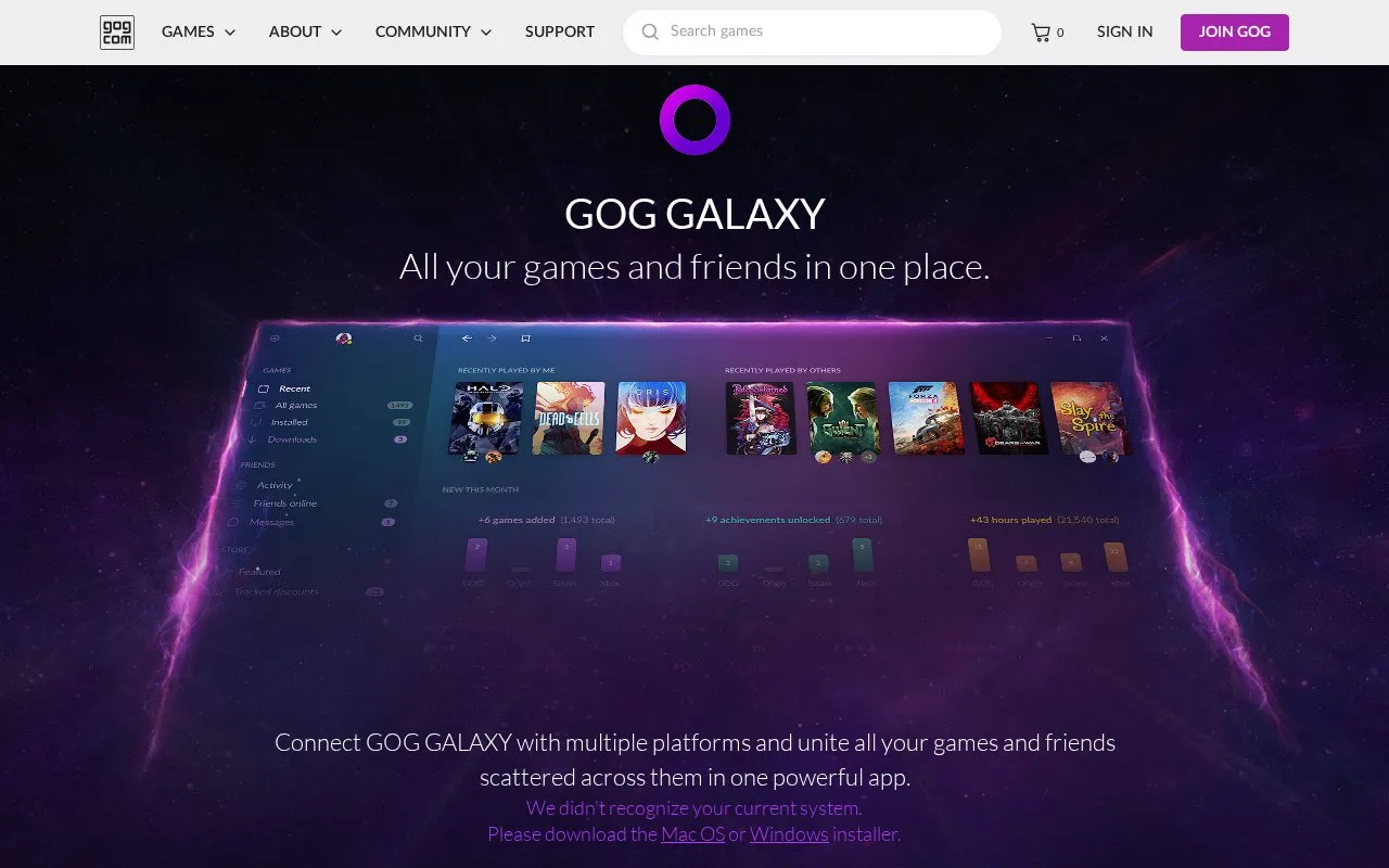 GOG Galaxy homepage screenshot