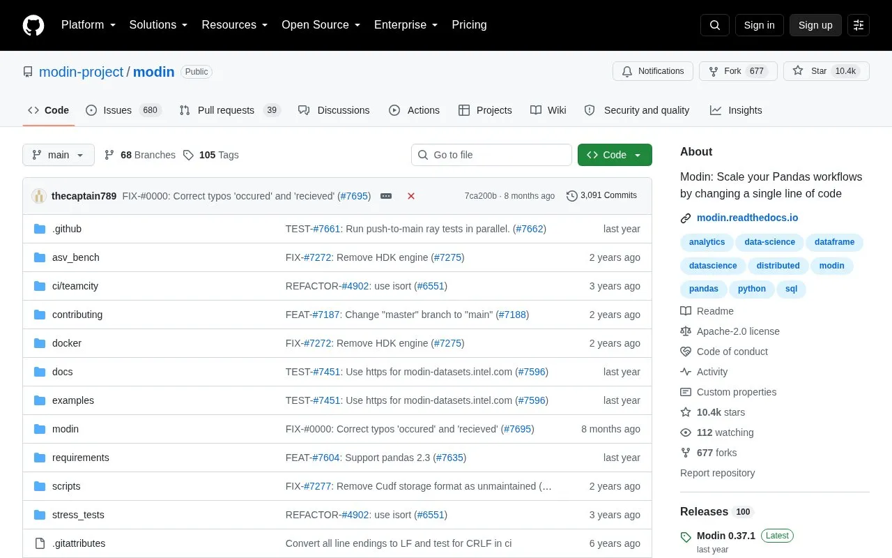 Modin homepage screenshot