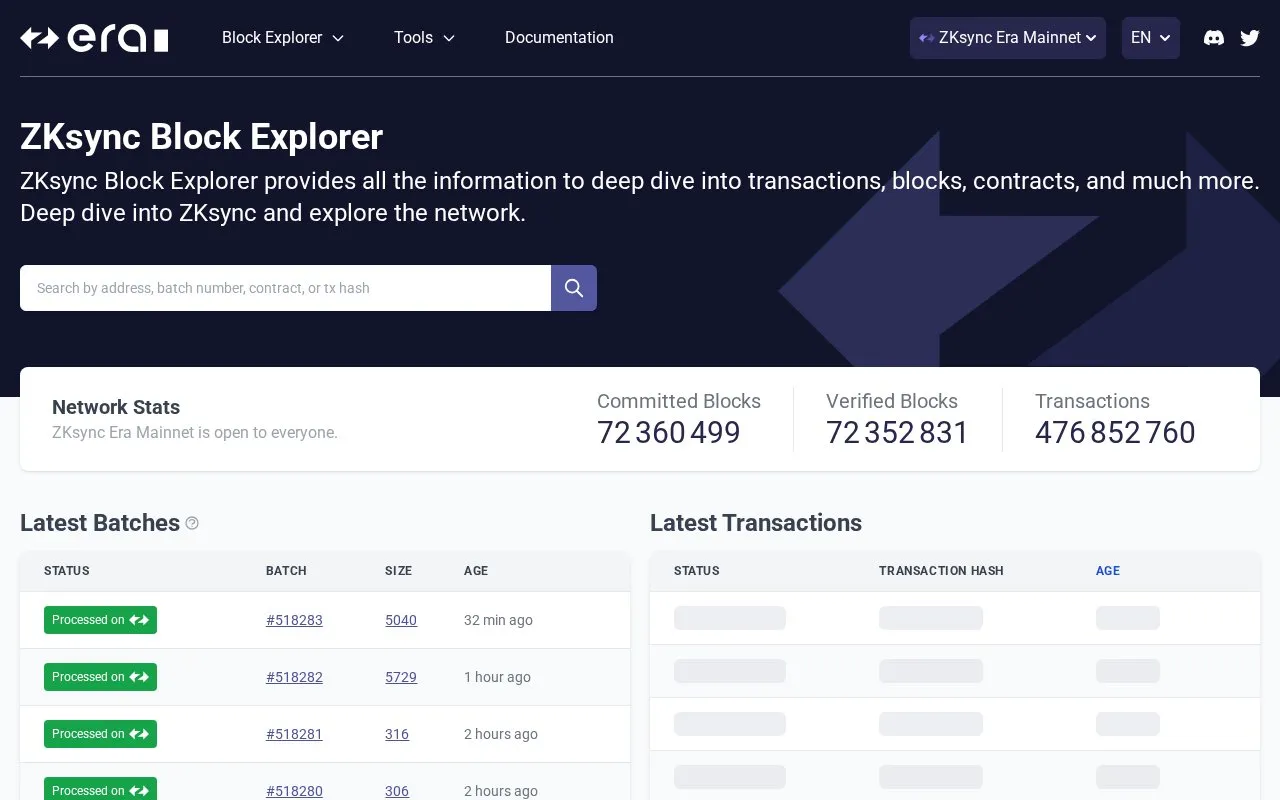 zkSync Mainnet — zkSync Era Block Explorer homepage screenshot