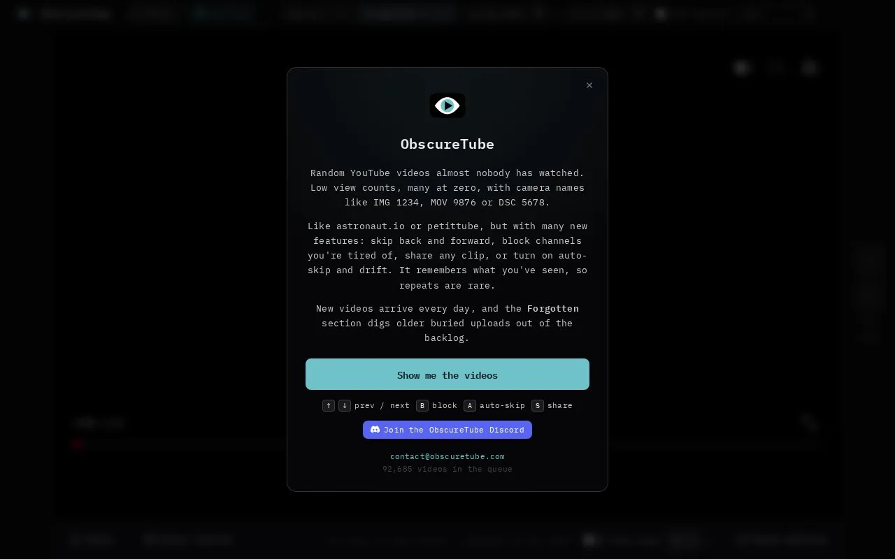ObscureTube homepage screenshot