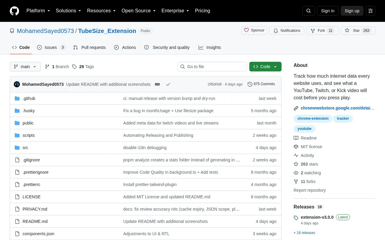 TubeSize_Extension homepage screenshot