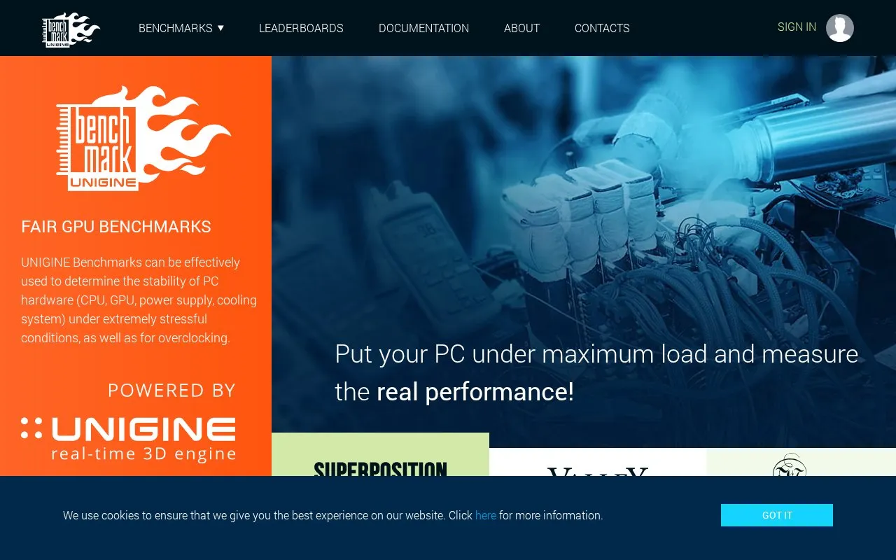 UNIGINE Benchmarks homepage screenshot