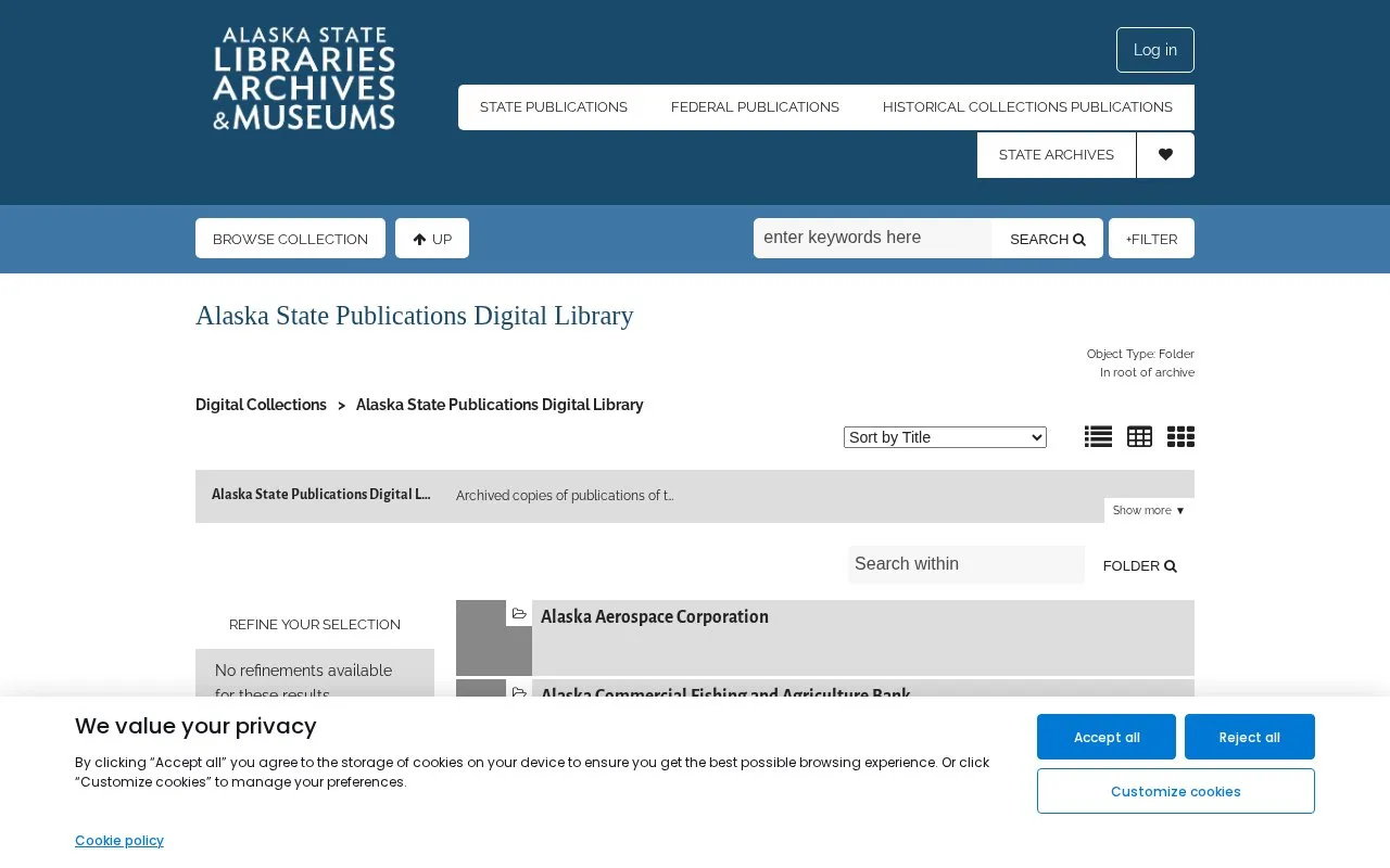 Alaska State Publications Digital Library homepage screenshot