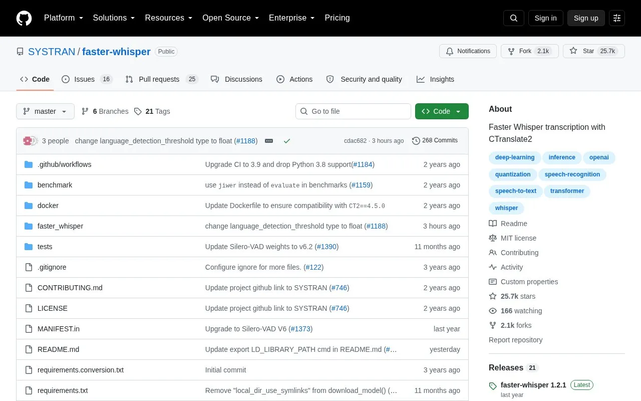 Faster Whisper homepage screenshot