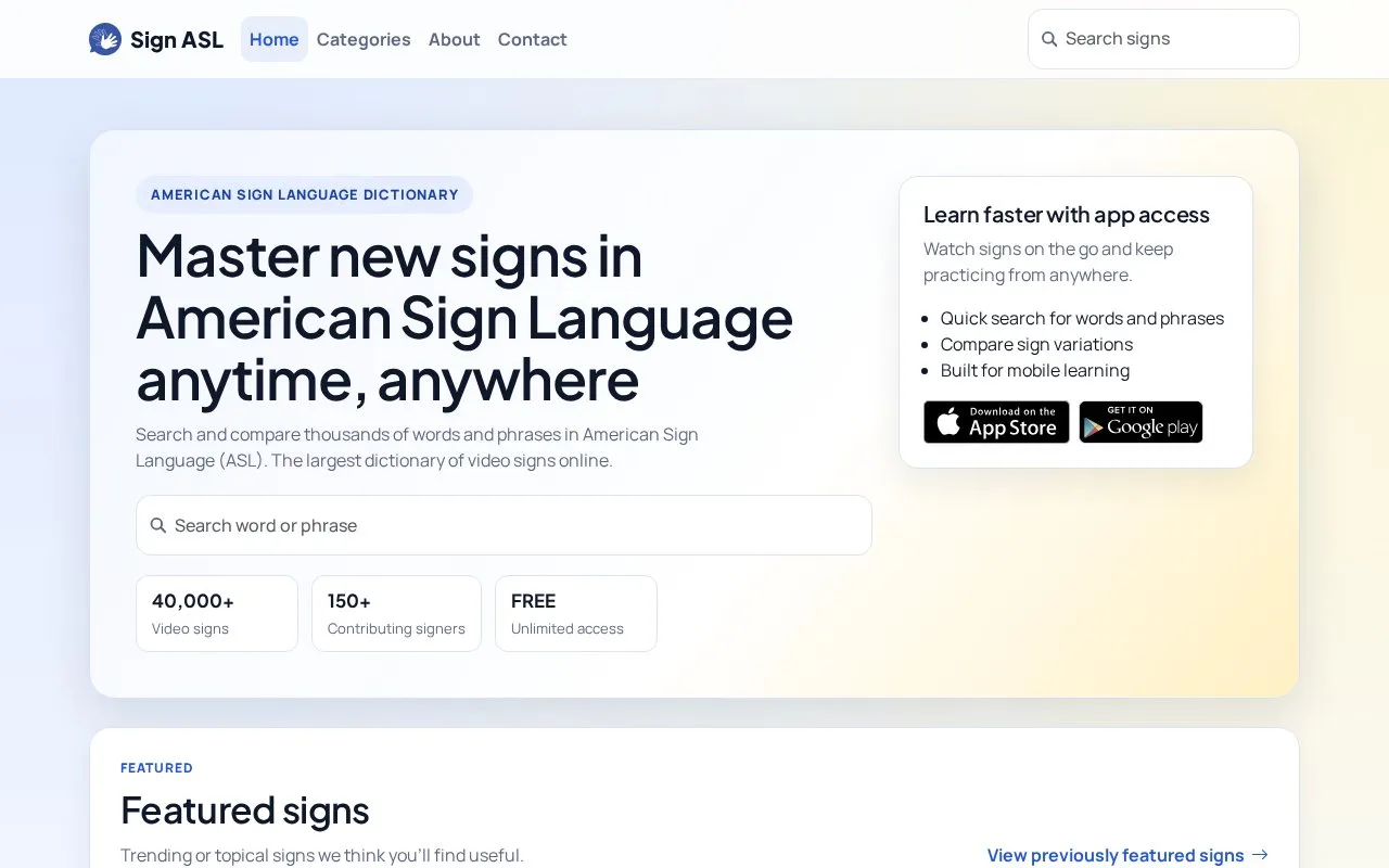 ASL Dictionary homepage screenshot