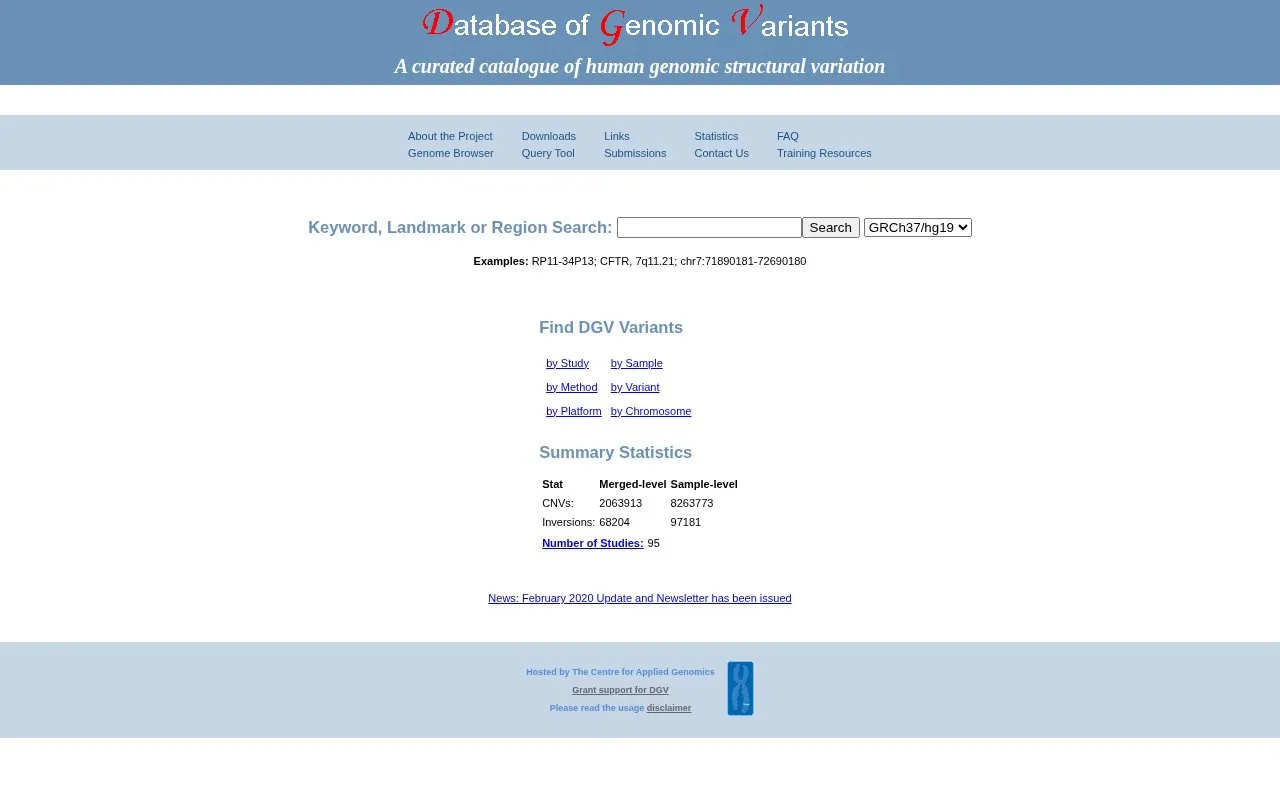 Database of Genomic Variants homepage screenshot