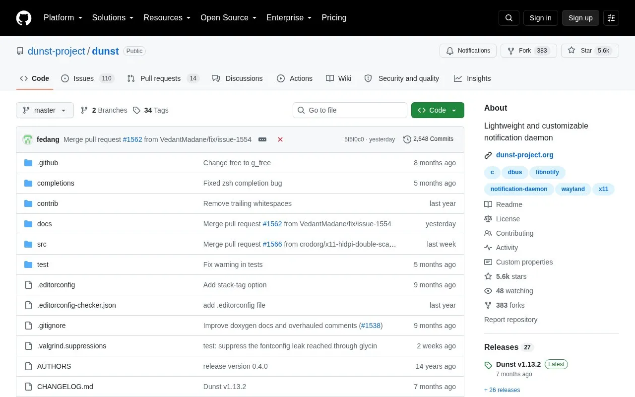 Dunst homepage screenshot