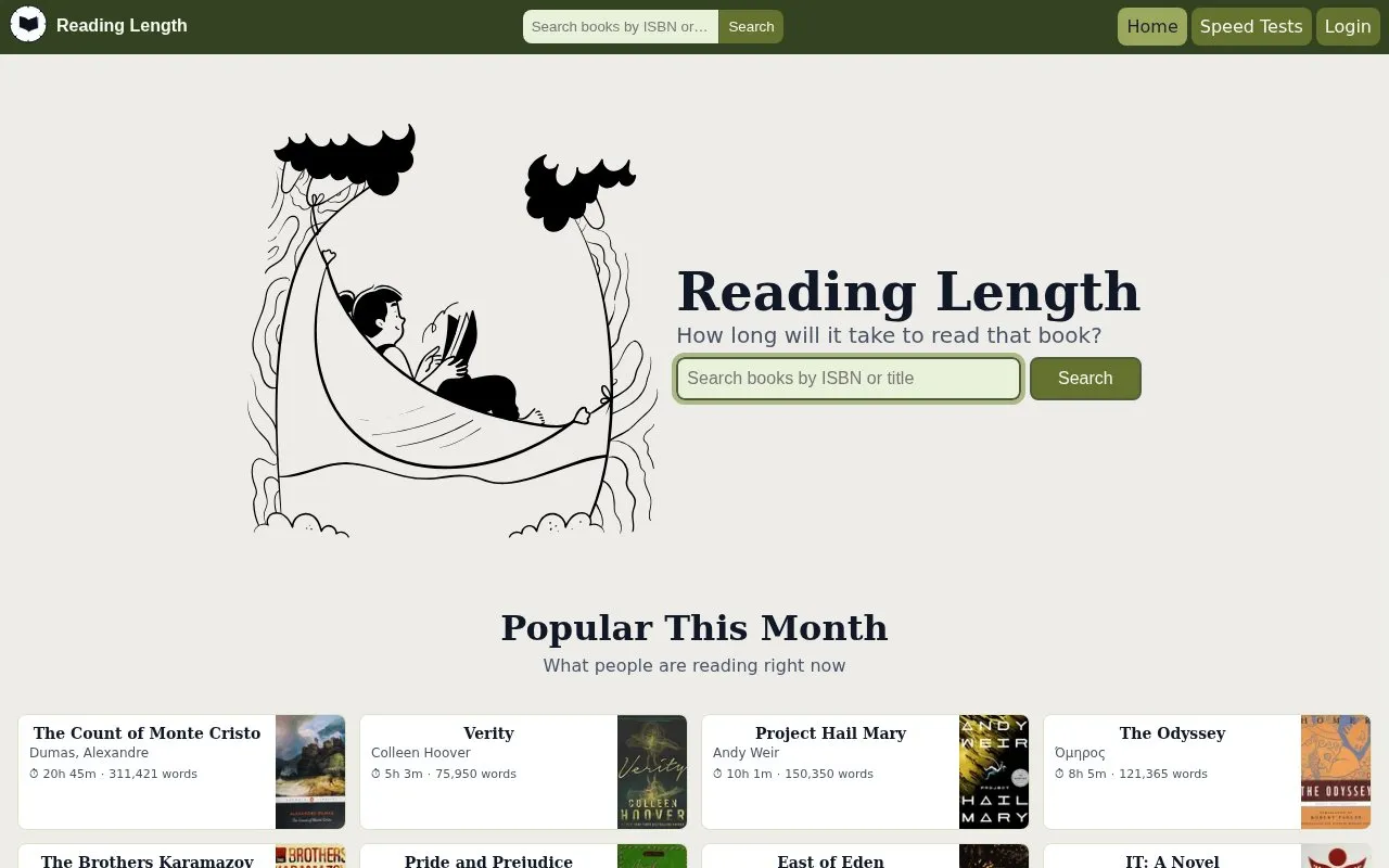 ReadingLength homepage screenshot