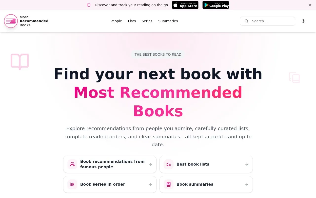 Most Recommended Books homepage screenshot