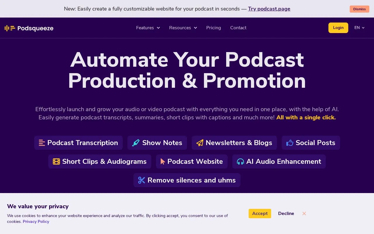Podsqueeze homepage screenshot