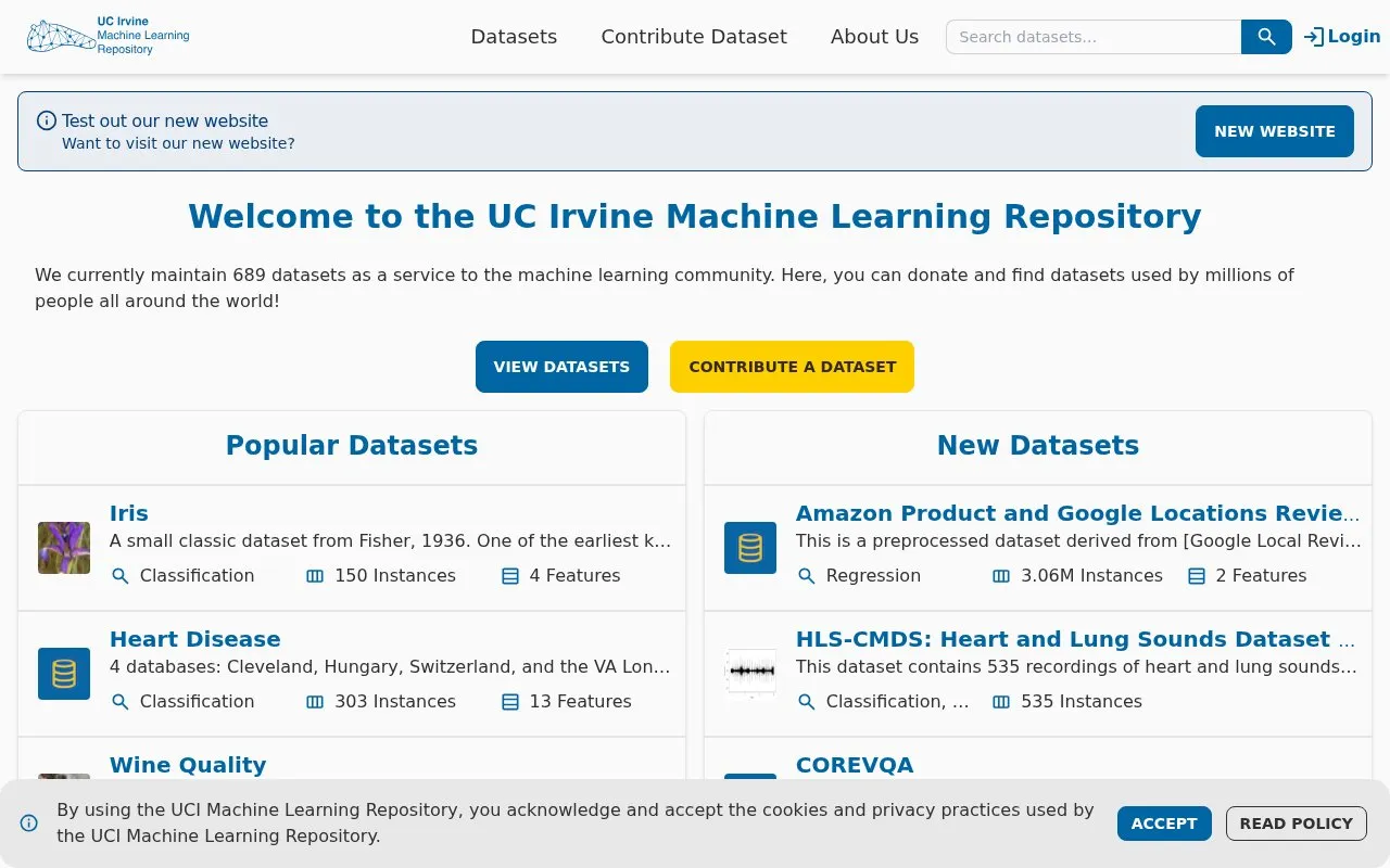 UC Irvine Machine Learning Repository homepage screenshot