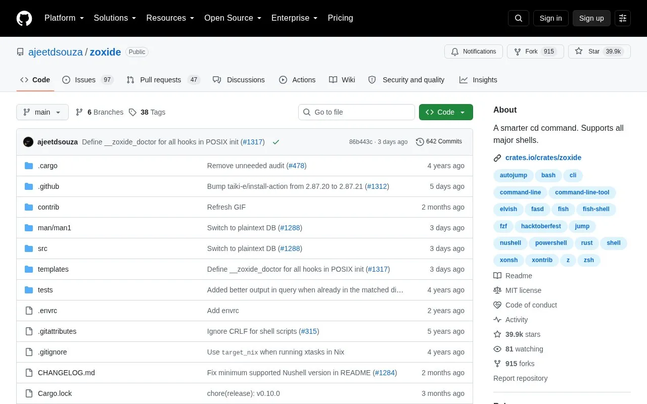 Zoxide homepage screenshot