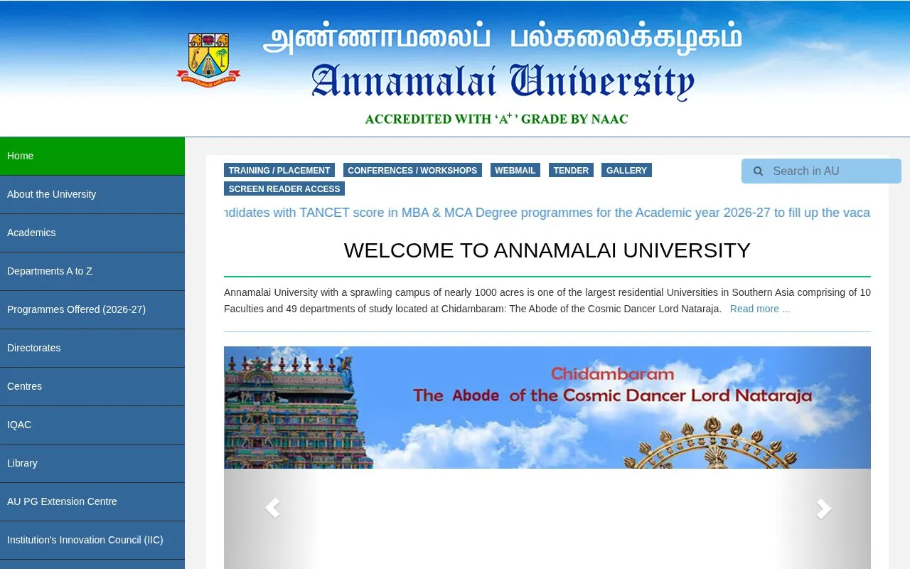 Annamalai University homepage screenshot