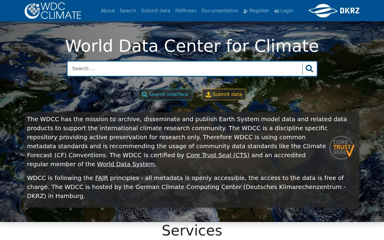 World Data Center for Climate homepage screenshot