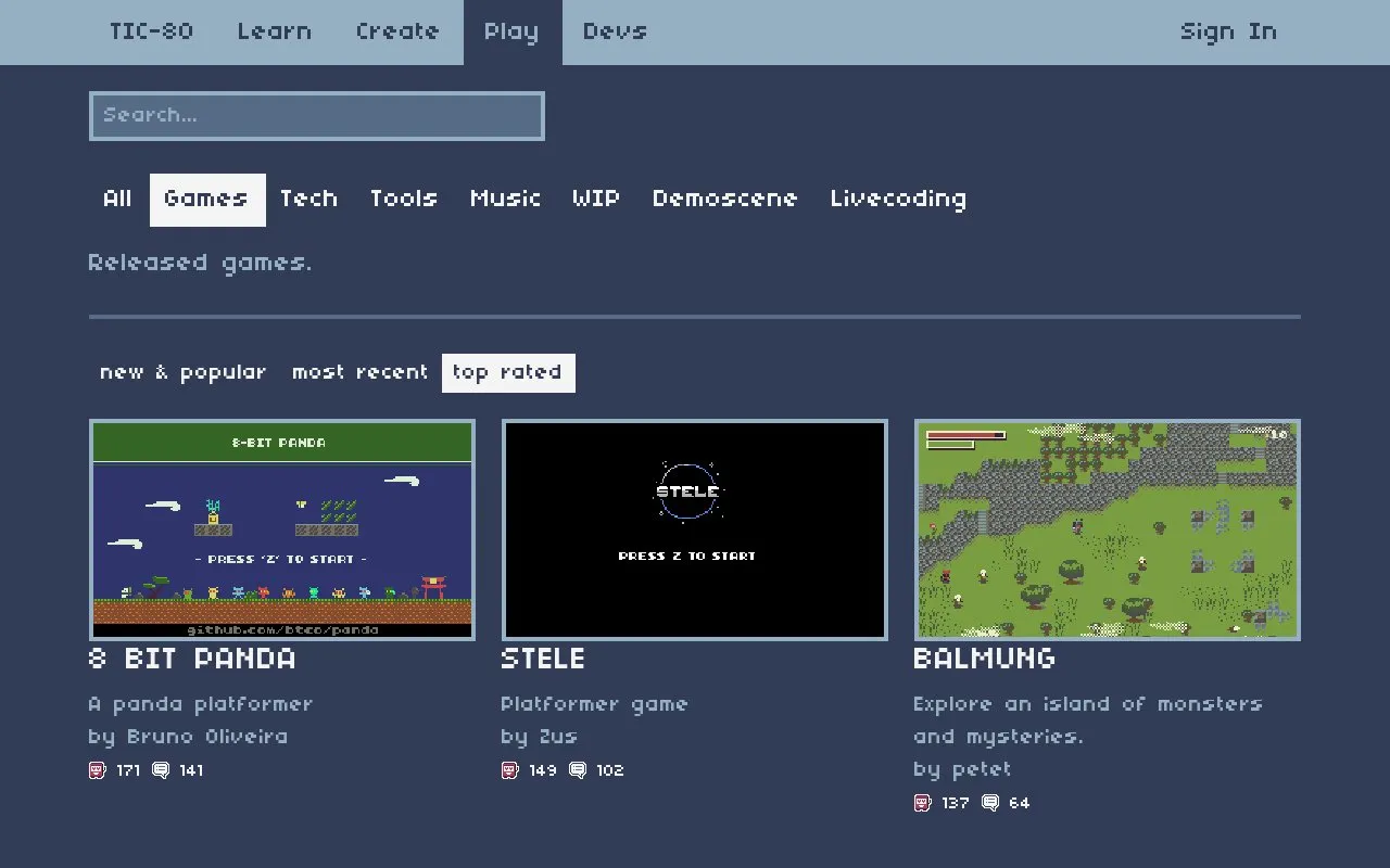 TIC-80 Games homepage screenshot