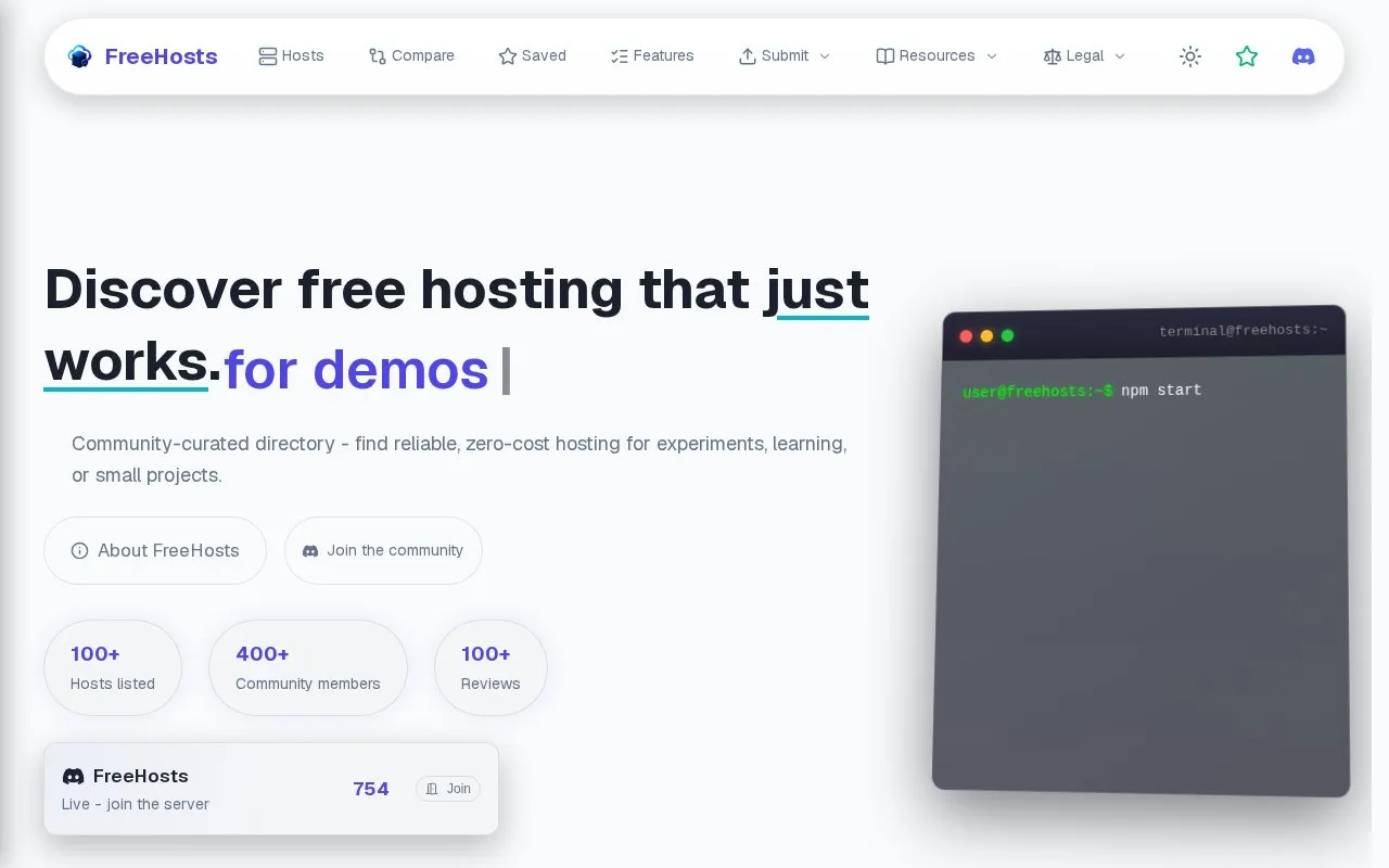 FreeHosts homepage screenshot