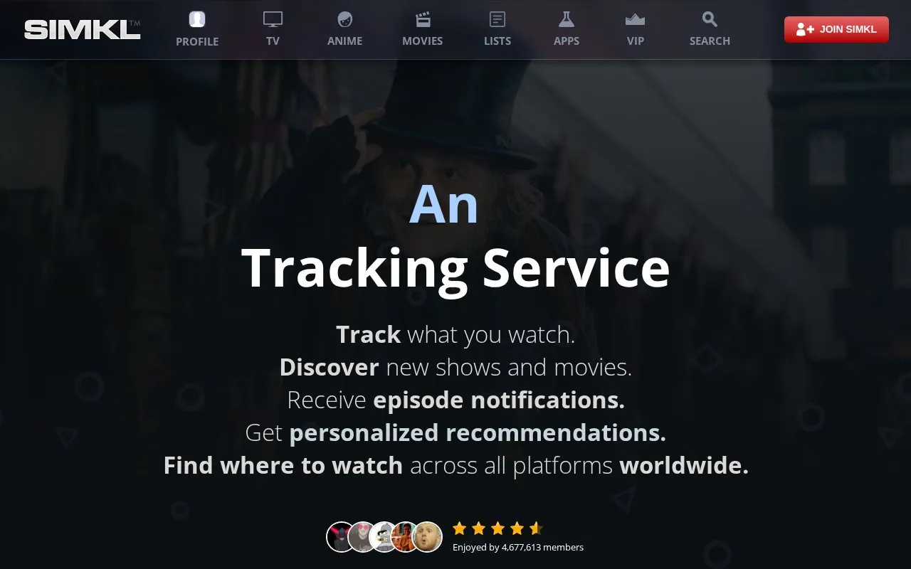 Simkl homepage screenshot