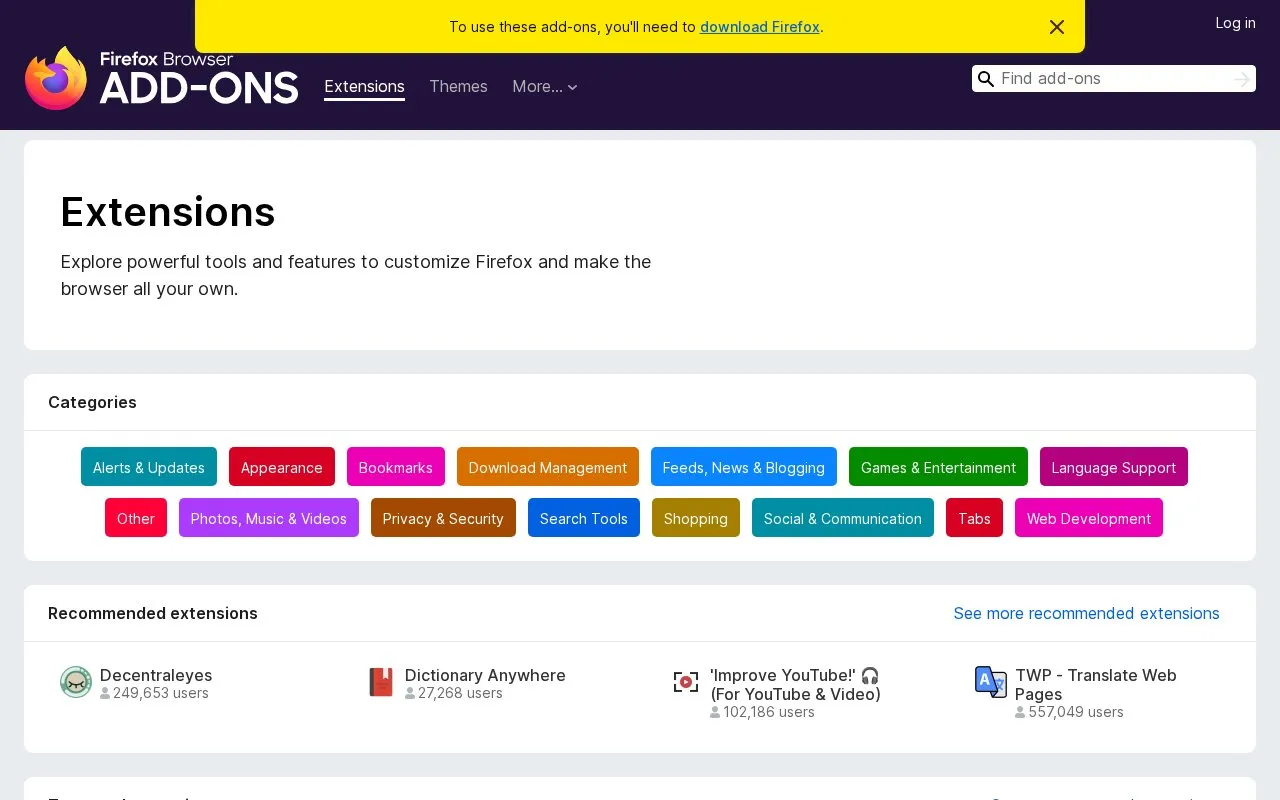 Extensions homepage screenshot