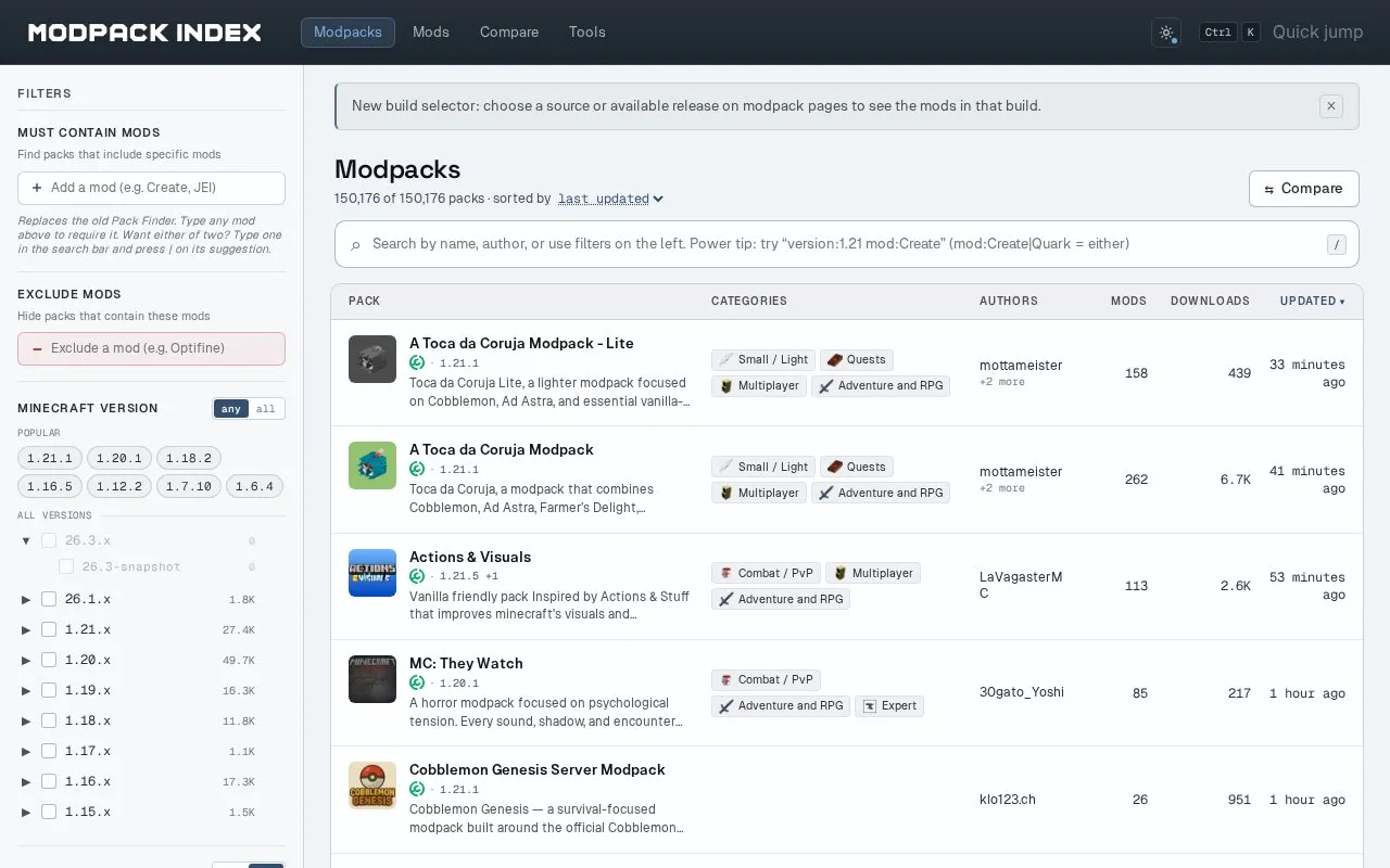 ModpackIndex homepage screenshot