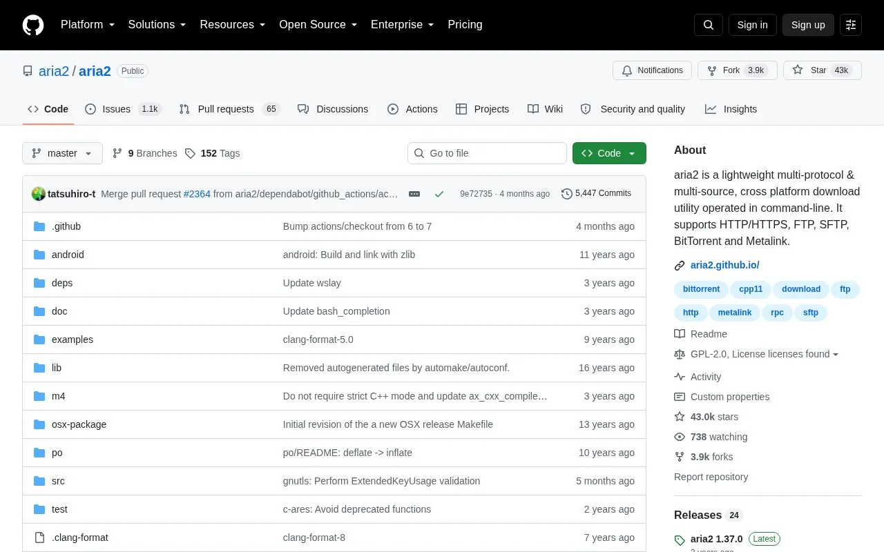 Aria2 homepage screenshot