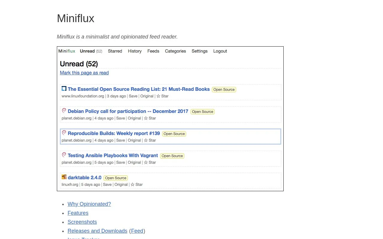 Miniflux homepage screenshot