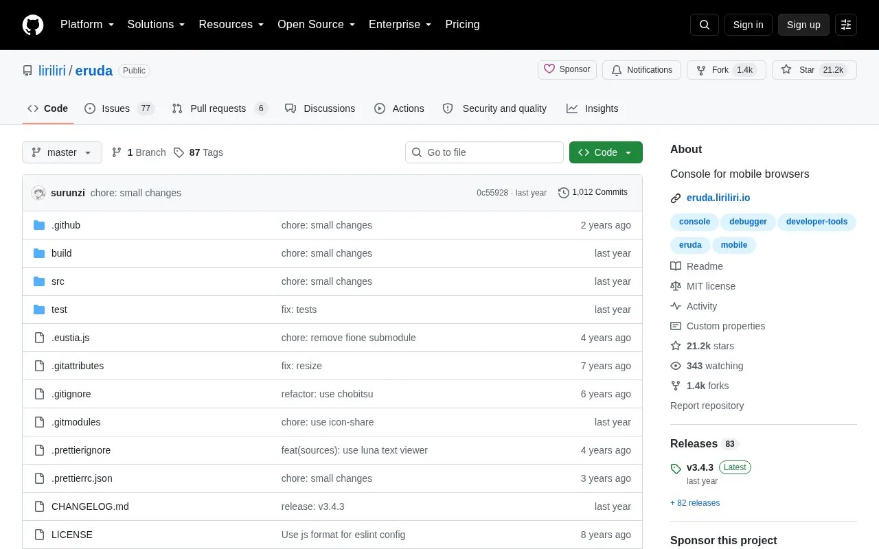 Eruda homepage screenshot