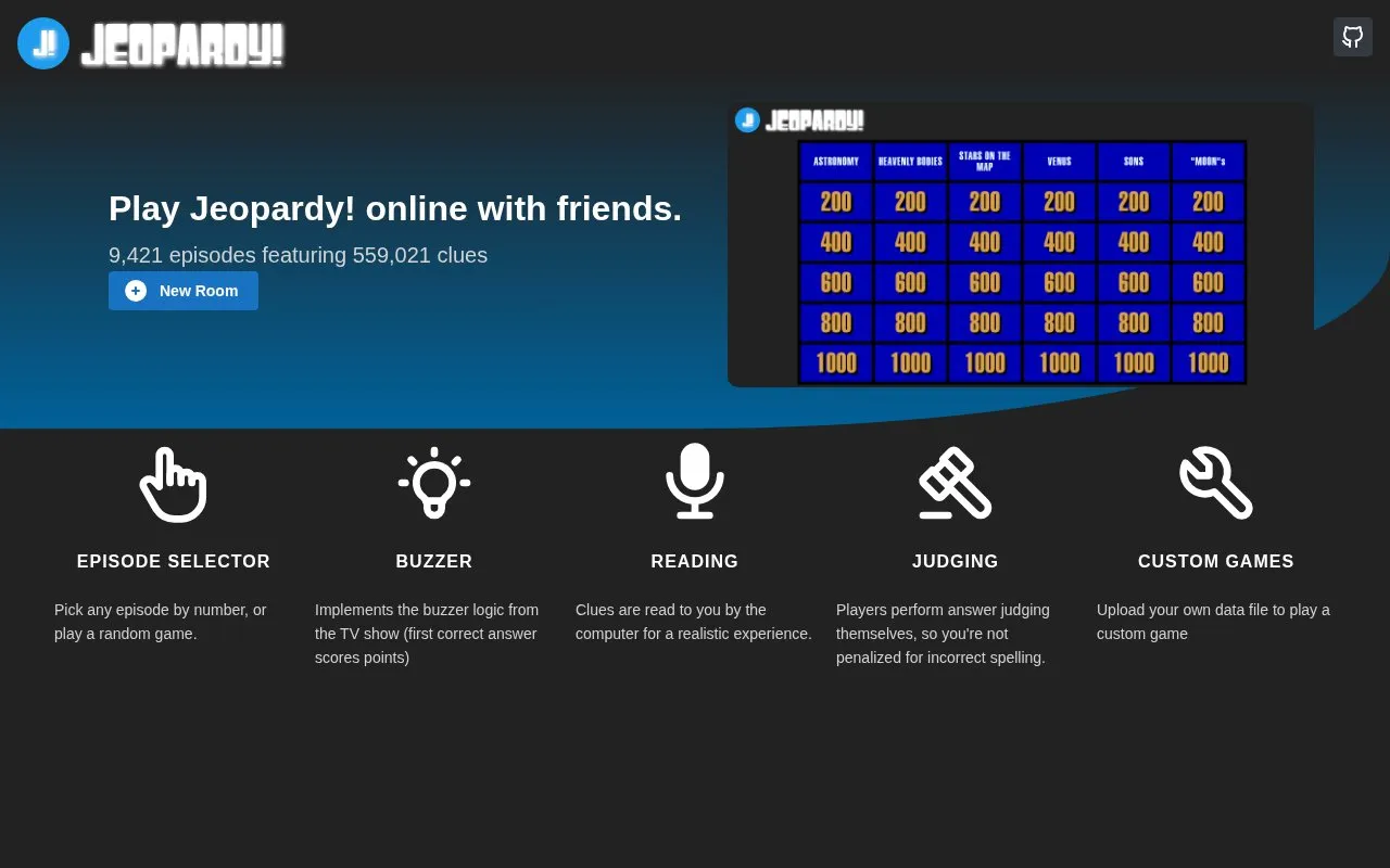 Online Jeopardy homepage screenshot