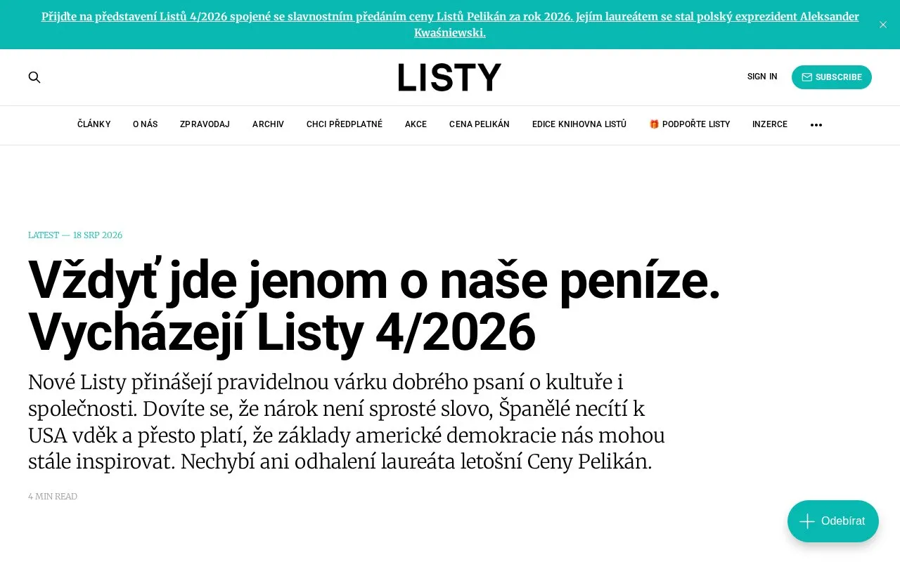 Listy homepage screenshot