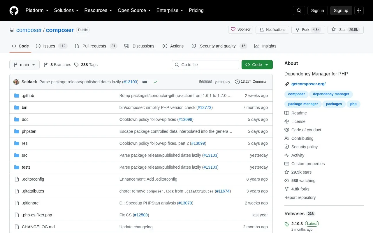 Composer homepage screenshot