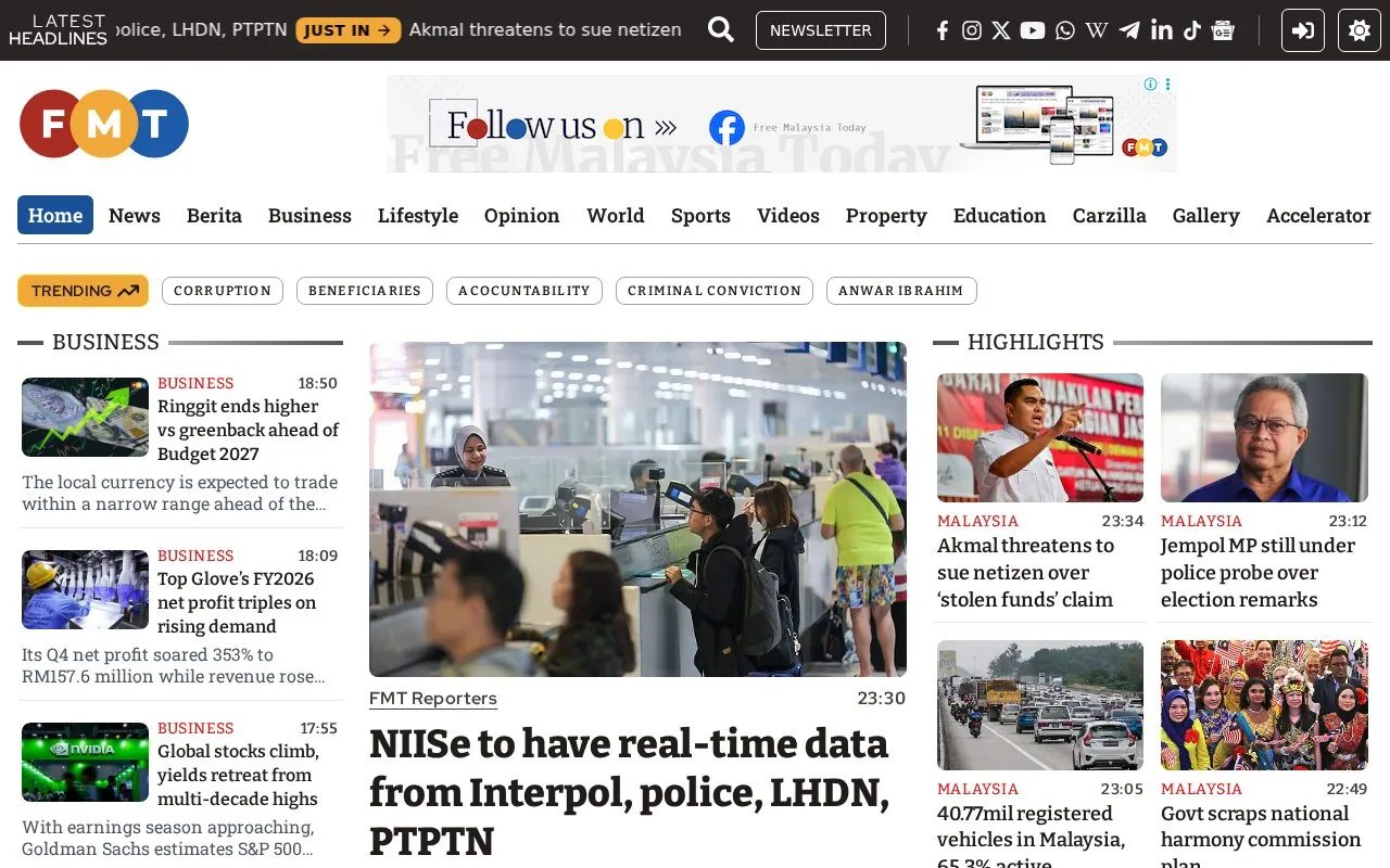 Free Malaysia Today homepage screenshot