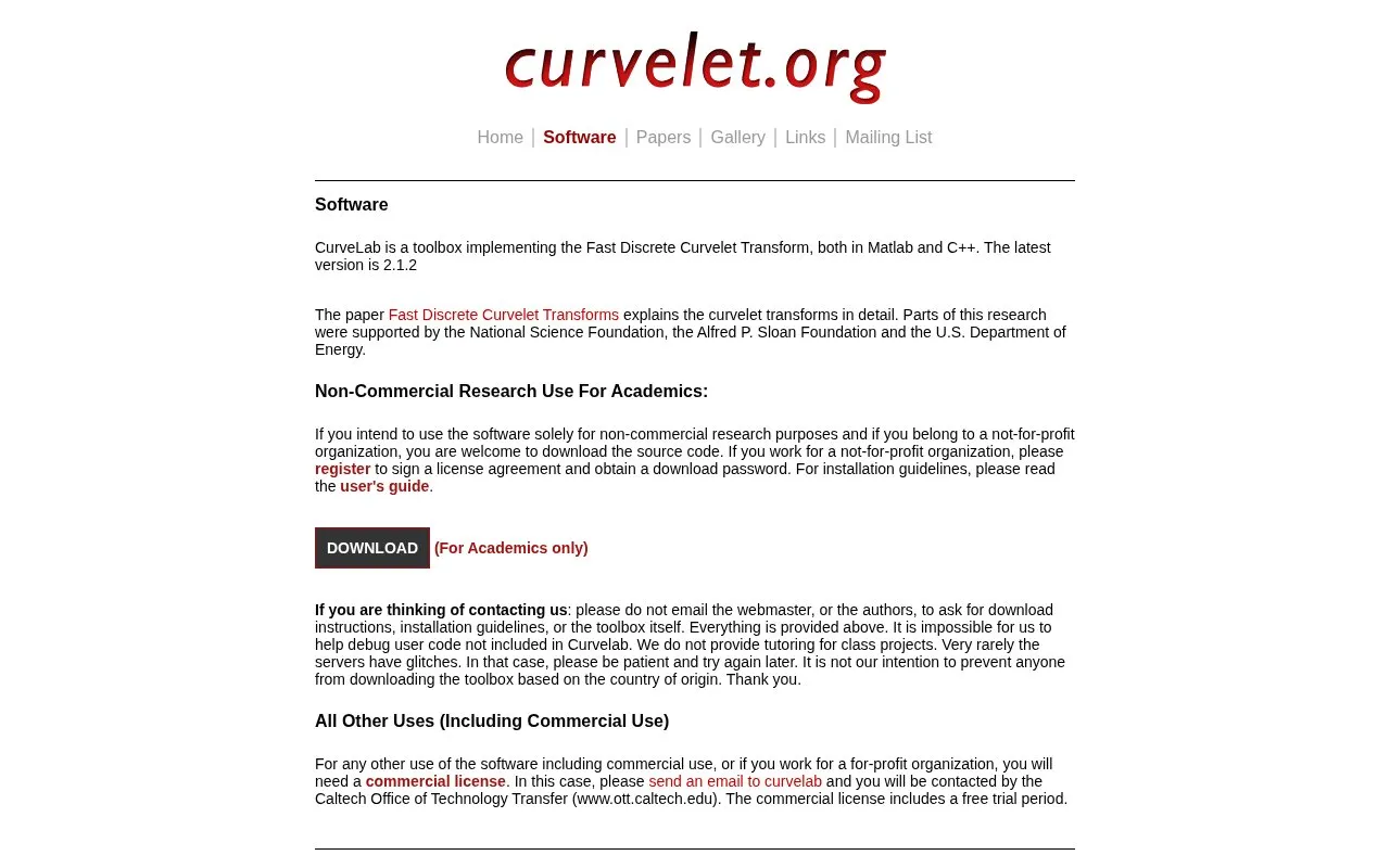 Curvelets homepage screenshot
