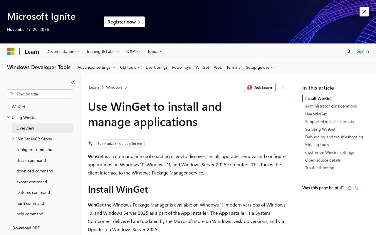 WinGet homepage screenshot
