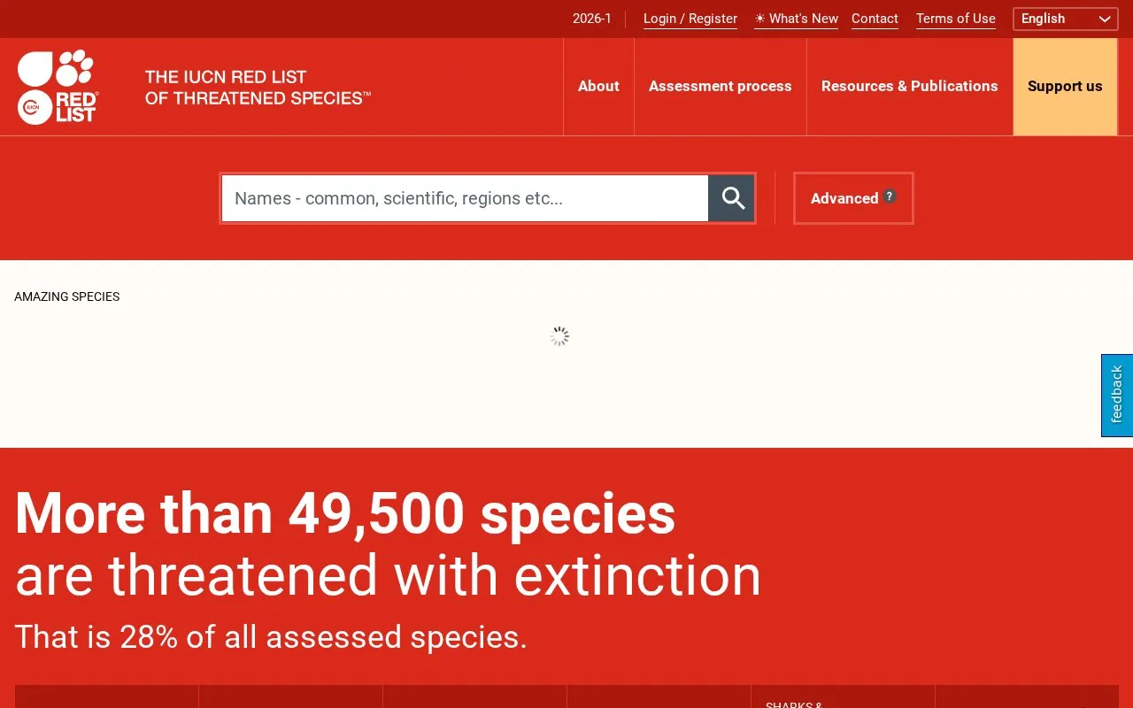 IUCN Red List of Threatened Species homepage screenshot