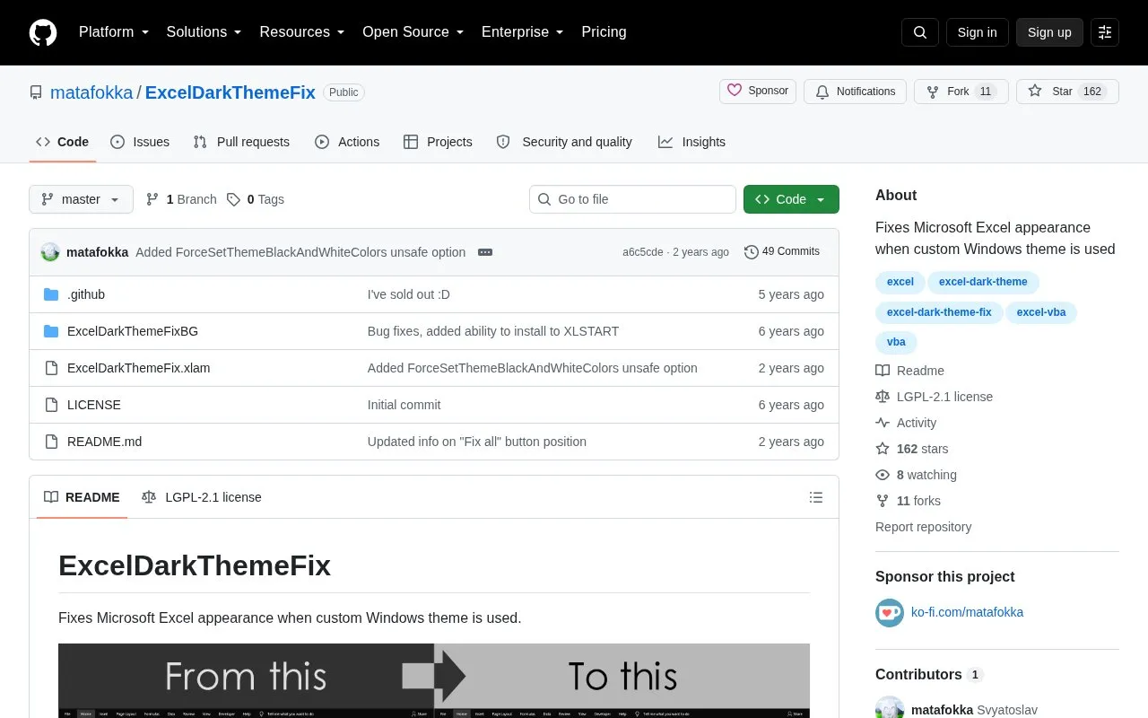 ExcelDarkThemeFix homepage screenshot