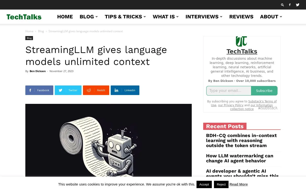 StreamingLLM gives language models unlimited context homepage screenshot