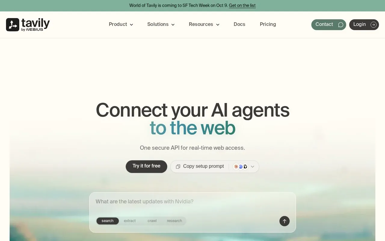 Tavily homepage screenshot