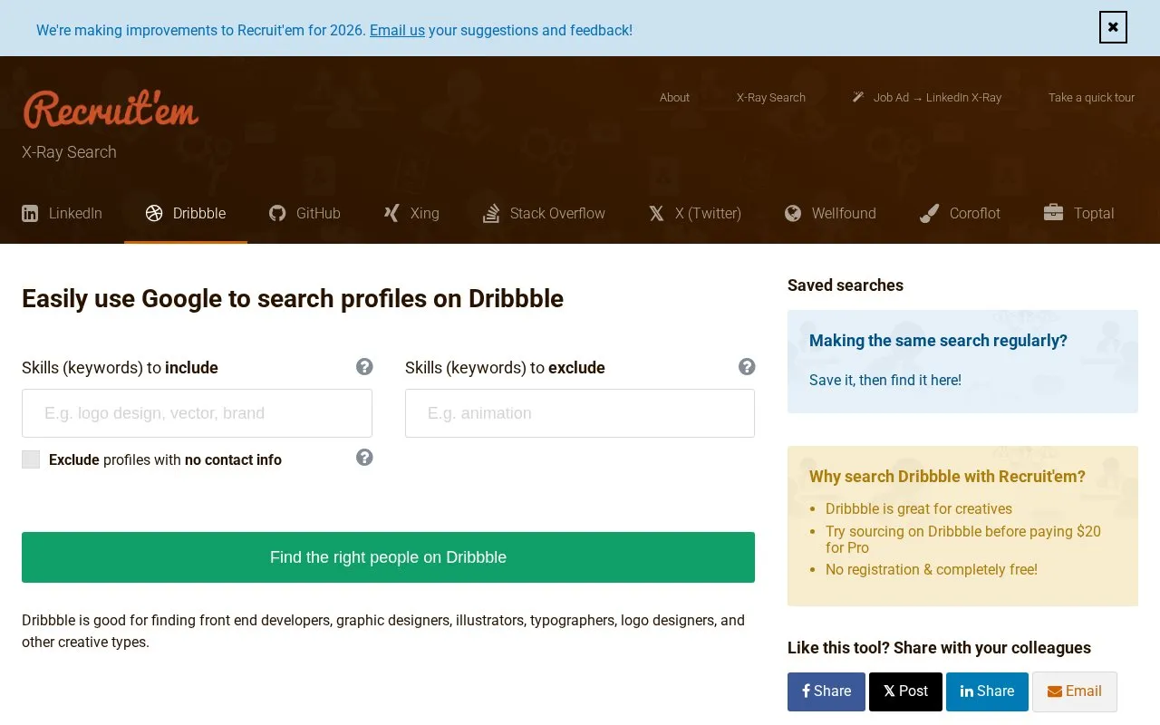Google to search profiles on Dribbble homepage screenshot