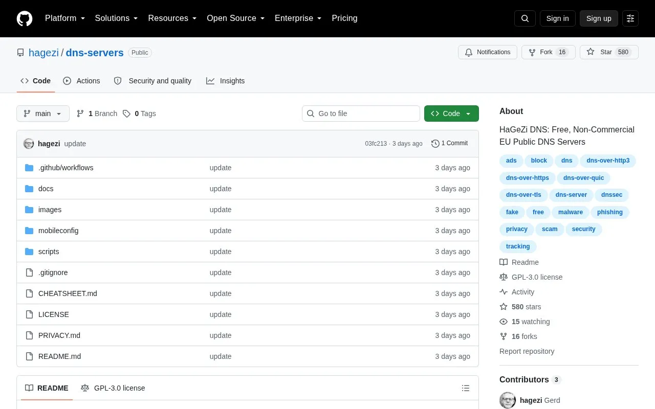 HaGeZi DNS homepage screenshot