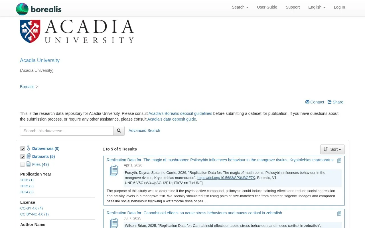 Acadia University Dataverse homepage screenshot