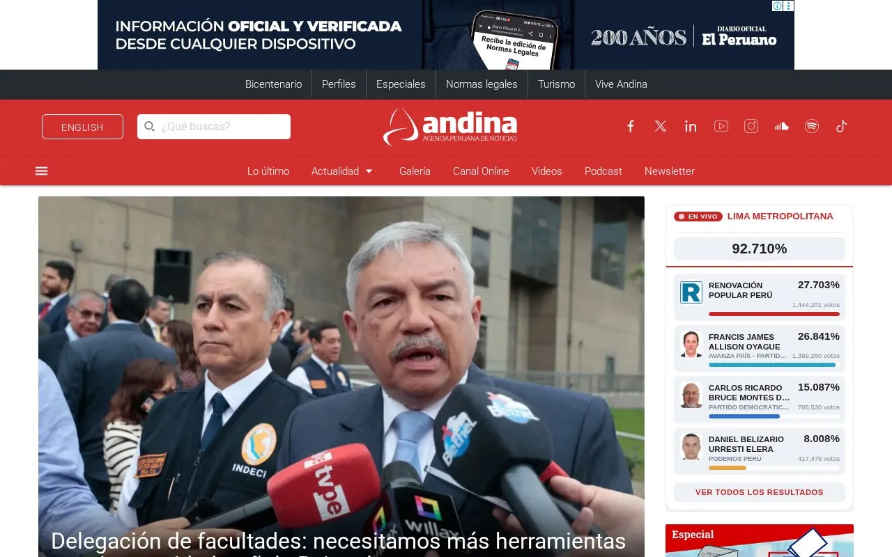 Andina homepage screenshot