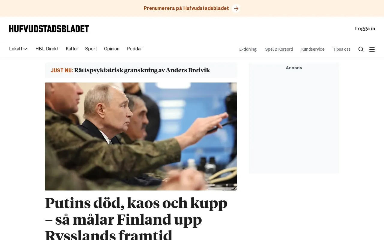 Hufvudstadsbladet homepage screenshot