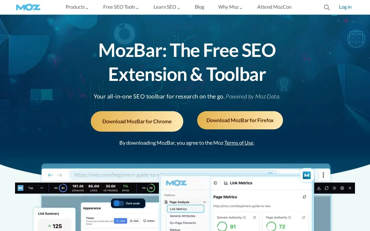 MozBar homepage screenshot