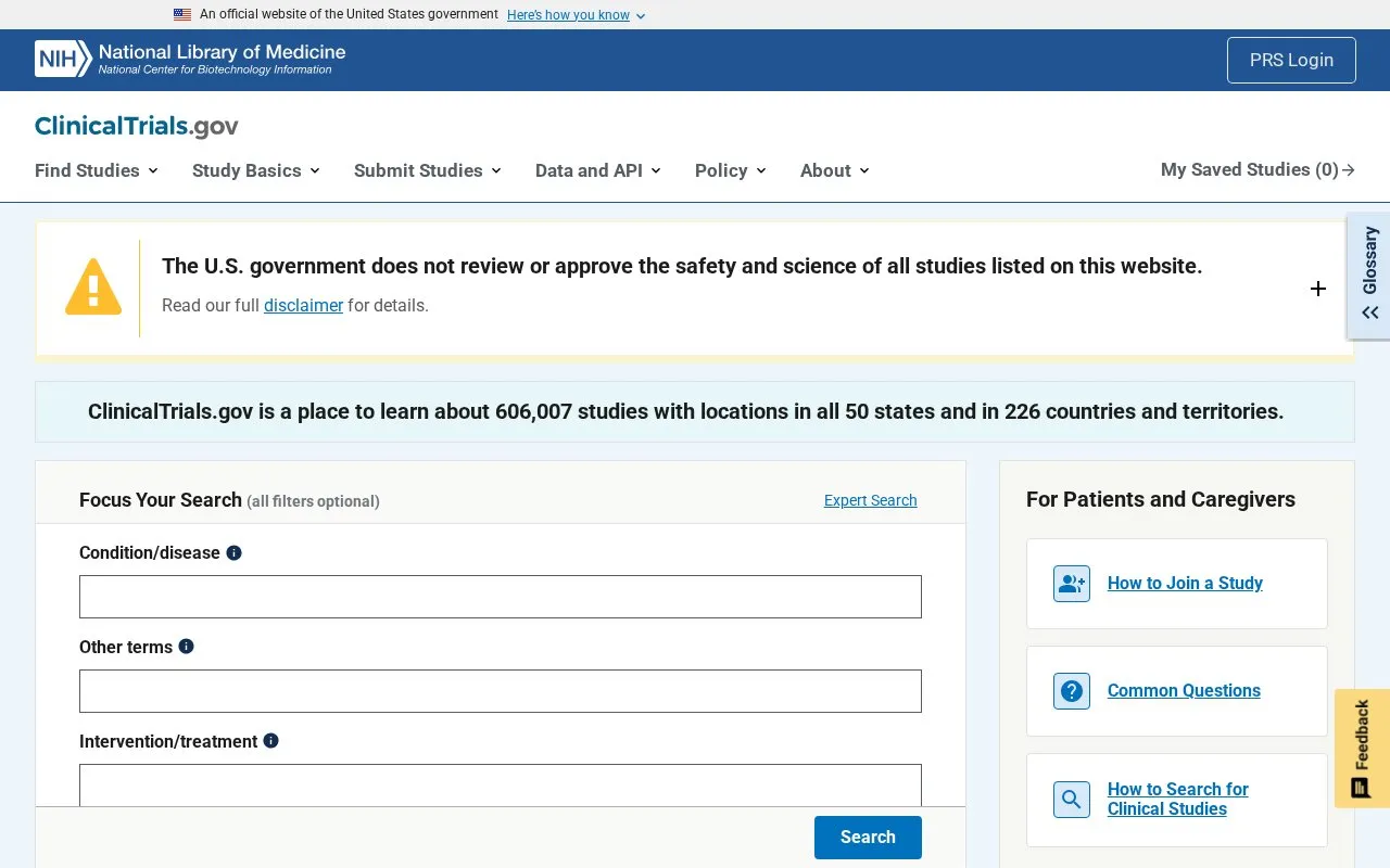 ClinicalTrials.gov homepage screenshot