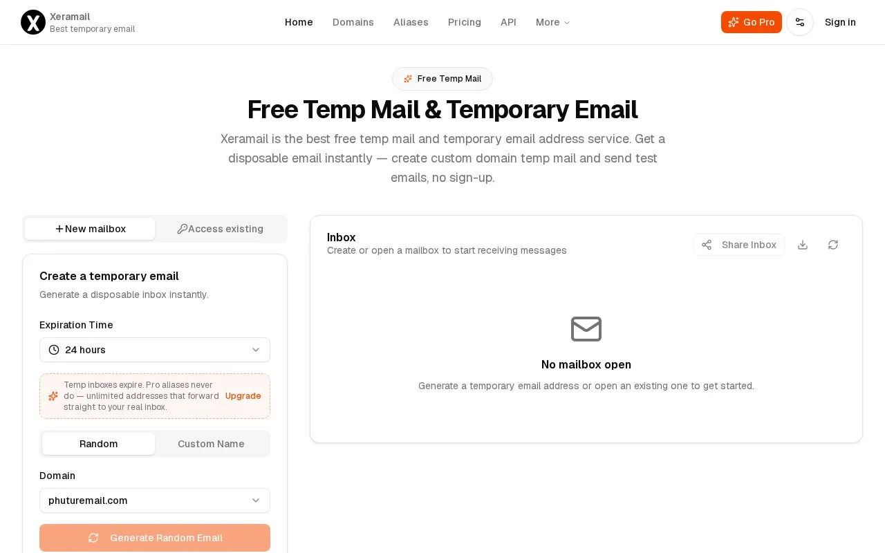 Xeramail homepage screenshot
