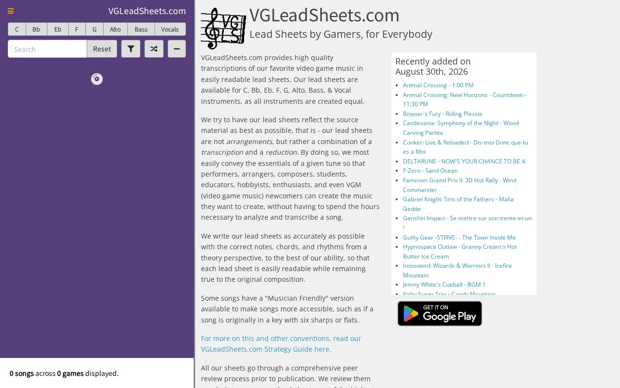 VGLeadSheets homepage screenshot