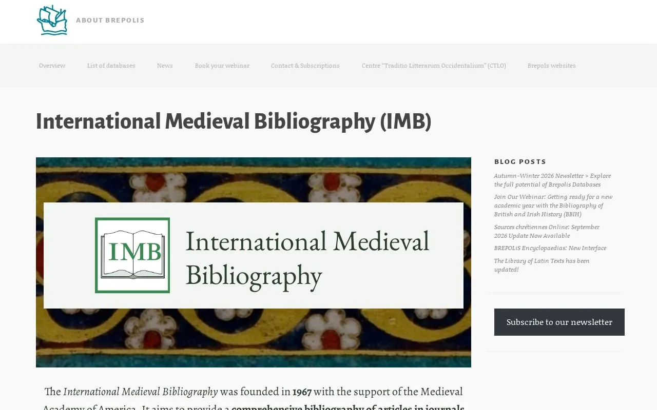 International Medieval Bibliography homepage screenshot