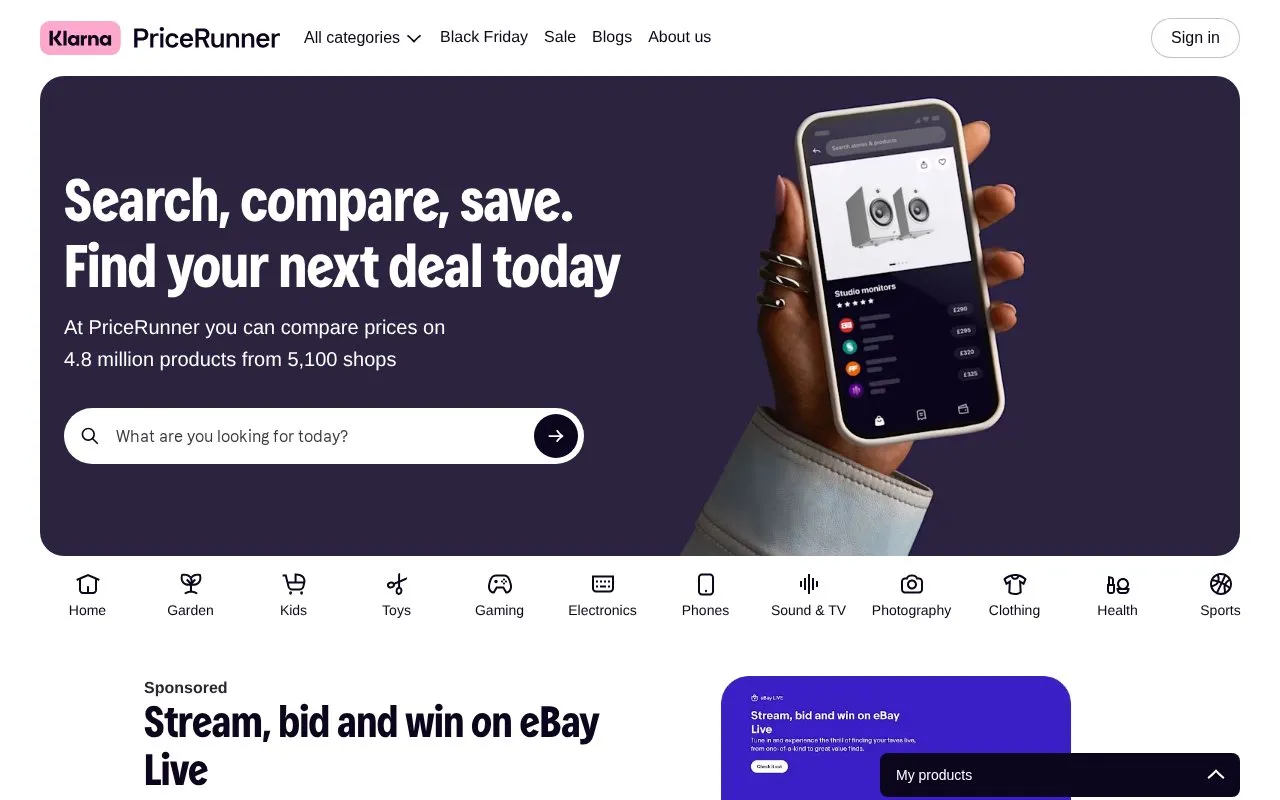 PriceRunner homepage screenshot