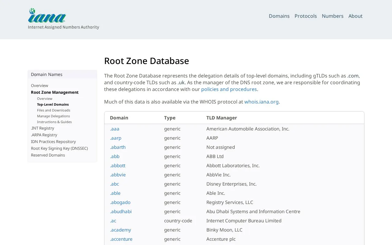 IANA — Root Zone Database homepage screenshot